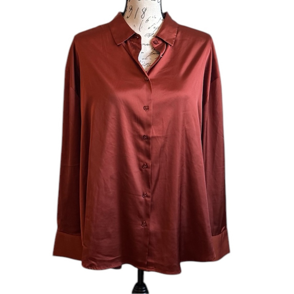 Tribal Jeans Silky Satin Button Down Blouse Top